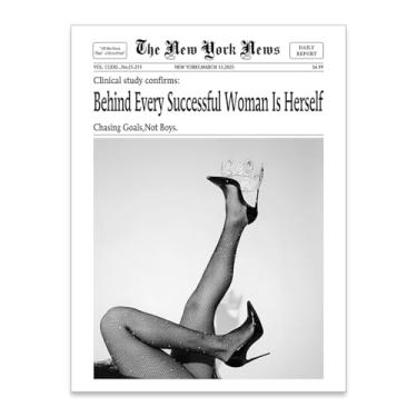 Imagem de Pôster preto e branco de jornal de Nova York Behind Every Successful Woman is Herself Citações inspiradoras feministas impressões em tela para decoração de parede de bar 30,5 x 40,6 cm sem moldura