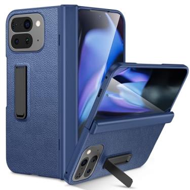Imagem de Ruky Capa dobrável para Google Pixel 10 Pro com suporte embutido, capa de corpo inteiro com proteção de dobradiça e protetor de tela, capa protetora de couro PU para celular Pixel 10 Pro Fold, azul