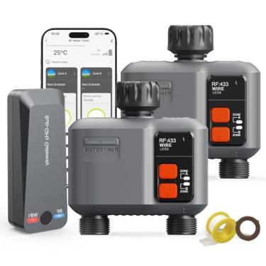 Imagem de Temporizador de irrigação WiFi de 2 zonas com gateway RF de 984 pés, pacote com 2 temporizador de água inteligente para mangueira de jardim com atraso de chuva/manual/automático, temporizadores de