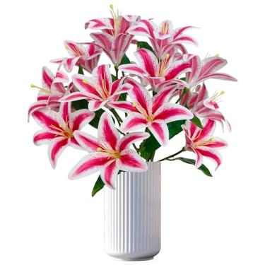 Imagem de ARTIFIPLANT Flores artificiais de lírios rosa, 6 peças de flores de lírio falsas, haste longa de 58 cm, ramo de lírio de tigre com 3 flores inteiras e 4 folhas, flor de lítio de toque real de látex