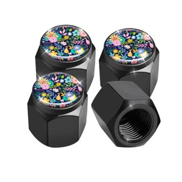 Imagem de Pacote com 4 tampas de haste de válvula de pneu, tampas de haste de roda de carro, tampas de válvula de ar de alumínio, ajuste universal para carros, SUVs, caminhões, bicicletas e motocicletas (flores