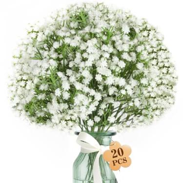 Imagem de MAQIAHN 20 flores artificiais para bebês respiração – flores artificiais em massa falsas buquê de flores brancas verde toque real arranjos de flores falsas decoração de mesa