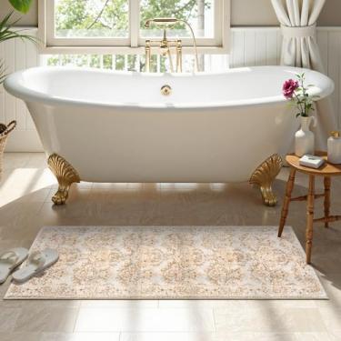 Imagem de Uphome Tapete de banheiro floral vintage, 45,7 x 128 cm, antiderrapante, macio, felpudo longo, para casa de banho, ultra absorvente, grosso, lavável à máquina, secagem rápida, tapete de banho para