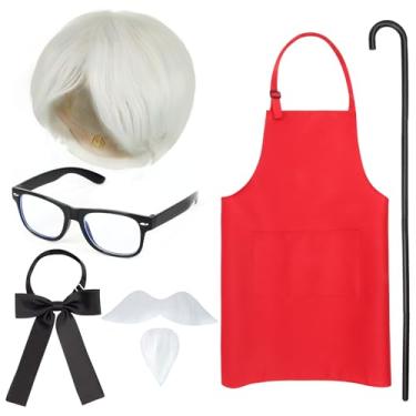 Imagem de Kyson Kit De Fantasia Chef Halloween - Peruca, Bigode Falso, Óculos, Gravata Borboleta, Avental Vermelho, Bengala (Conjunto B 7 Peças)