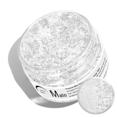 Imagem de Matio Pó de mica com glitter branco, 20 g de resina premium com glitter em pó natural de resina epóxi pigmento colorido para fabricação de velas, bombas de banho, artesanato DIY, brilho labial, cabelo