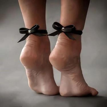 Imagem de Tornozeleiras Femininas De Couro PU Com Laço E Tachas Prateadas, Luxuo