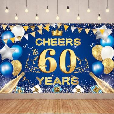 Imagem de 1,8 x 1,1 m Pano de fundo de faixa de aniversário de aniversário de 60 anos, decorações de aniversário de 60 anos de ouro azul, suprimentos de festa com glitter para mulheres e homens, placa grande