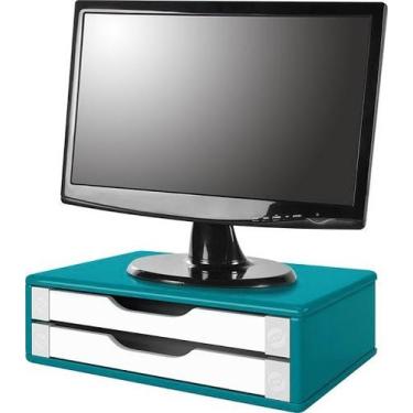 Imagem de Suporte para Monitor de Mesa em MDF Azul com 2 Gavetas Brancas Souza R