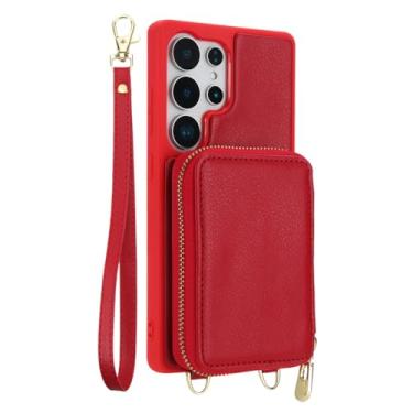 Imagem de HAOMRIYL Capa de bolsa para Samsung Galaxy S25 Ultra/S25 Plus/S25, compartimento para cartão com zíper, capa de couro, suporte à prova de choque, alça de ombro, vermelha, S25plus