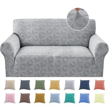 Imagem de YEMYHOM 1 capa elástica para sofá com 2 almofadas, sofá jacquard com fundo elástico antiderrapante, protetor de móveis para cães e animais de estimação (médio, cinza claro)