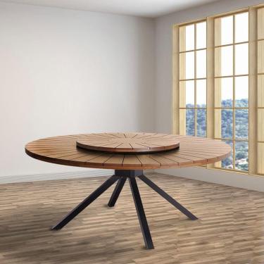 Imagem de Mesa Redonda Tetra Tampo Giratório Em Madeira Maciça Com Base De Metal Preto Para área Gourmet 1,80