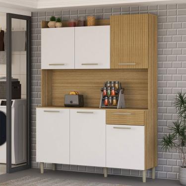 Imagem de Armário de Cozinha com Balcão Cataguera 6 Portas 1 Gaveta Ripado 3d Freijó/Supremo - Panorama Móveis