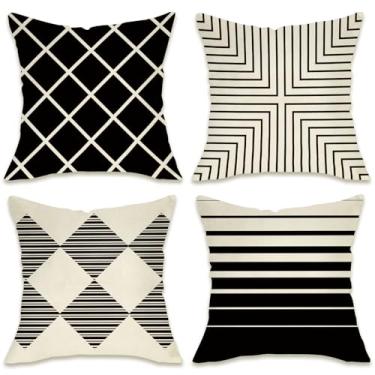 Imagem de Fahrendom Capas de almofada decorativas geométricas modernas, 45,7 x 45,7 cm, conjunto de 4, preto e branco listrado, varanda e pátio, capa de almofada abstrata minimalista para sofá de fazenda