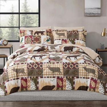 Imagem de Jogo de cama king size com estampa de patchwork xadrez - 7 peças, cama em um saco, macio reversível urso alce microfibra (1 edredom, 1 lençol de cima, 1 lençol com elástico, 2 fronhas, 2 fronhas)