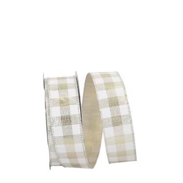 Imagem de Reliant Ribbon Fita Gingham metálica jumbo com fio bordado, 3,8 cm x 24,5 m, branca/platina