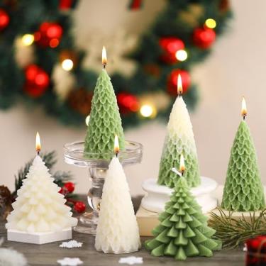 Imagem de Conelist 6 peças de velas em forma de árvore de Natal, velas perfumadas de cera de Natal, branco, verde, decoração de árvore de Natal para véspera de Natal, festa de inverno, ano novo, quarto