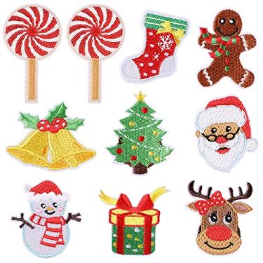 Imagem de Lucleag 10 PÇS Remendos bordados de Natal, aplique de ferro de Natal bordado, Papai Noel boneco de neve árvore de Natal, adesivos de Natal costurados com ferro bordado para artesanato faça você mesmo, presentes de decoração de roupas de Natal