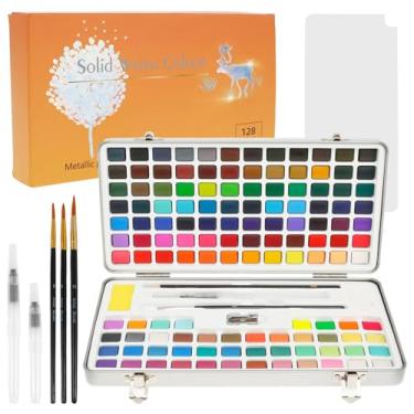 Imagem de Conjunto de tinta aquarela lavável de 128 cores, conjunto de tinta aquarela lavável com paleta de pincéis, kit de arte portátil de aquarela, conjunto multifuncional de aquarela para iniciantes