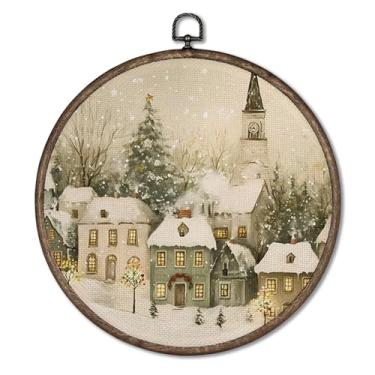 Imagem de Giosve Pôster vintage de arte de parede redonda de Natal de inverno, rústico, aconchegante, inverno, casa de fazenda, esculturas de parede para pendurar em casa, quarto, sala de estar, 25 x 25 cm