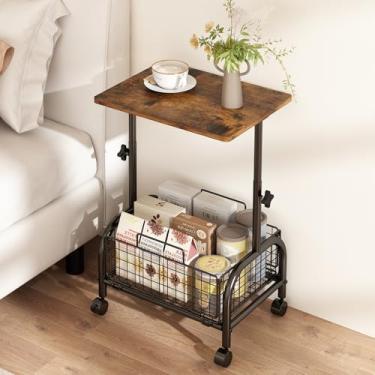 Imagem de Mesa Lateral, Mesa Lateral para Sofá, Mesa de Canto Móvel, com Cesto e Altura Ajustável, Pode ser Usado Como Carrinho Móvel para Armazenar Itens