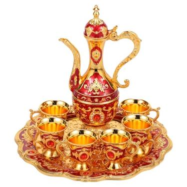 Imagem de Conjunto de chá turco vintage conjunto de café turco com bandeja de panela kit de bule decorativo multifuncional para casa sala de estar bar festa ZJMCAJY (ouro + vermelho)