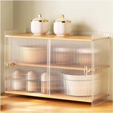 Imagem de Armário De Armazenamento De Despensa De Cozinha Para Bancada, Armário Organizador Multiuso Com 2 Portas De Acrílico Listradas Deslizantes, Despensa De Alimentos De Balcão De Mesa, Yellow, C