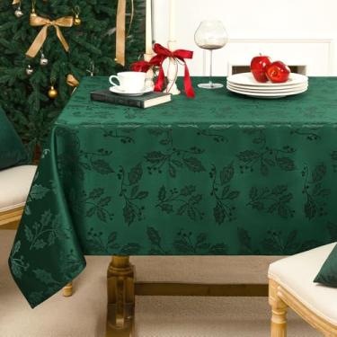 Imagem de Softalker Toalha de mesa jacquard de Natal – Toalha de mesa retangular damasco vintage de inverno à prova d'água, tecido de poliéster azevinho de Natal, decoração para férias, jantar, festa - verde