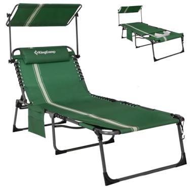 Imagem de KingCamp Cadeira de bronzeamento com orifício para o rosto, espreguiçadeira, dobrável, portátil, confortável, ajustável, 5 posições, dobrável, com sombra de dossel para pátio externo de praia, verde