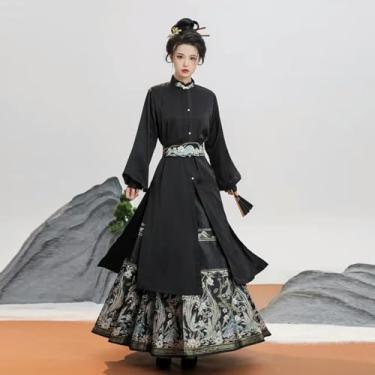 Imagem de Camisa longa preta estilo chinês original maquiagem flor cavalo rosto saia Hanfu terno com cinto elegante fantasias de princesa