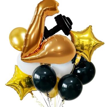 Imagem de TiAaihion Muscle Up! Kit de festa de ginástica: Balão de braço de bíceps dourado gigante (101,6 cm), balões de alumínio estrela com halteres. Perfeito para aniversário de fitness, festa masculina