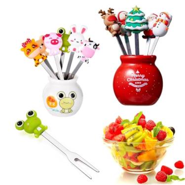 Imagem de Conjunto de 11 palhetas de comida para crianças com 2 potes de cerâmica, lindos garfos de frutas de animais de desenho animado, garfos de coleta de comida para casa, casa, crianças, com alças de