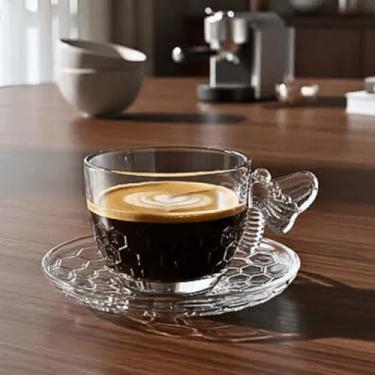 Imagem de Xicaras Café Bee Abelhas Vidro Relevo Colmeia 80ml 4 pçs com Pires (Clássico, Relevo Colmeia)