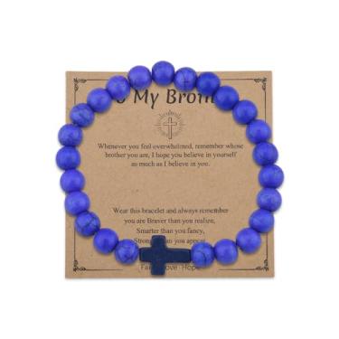 Imagem de Pulseiras com cruz e fé para homens, presente de irmão de irmãs irmãs, presente de confirmação cristã, pulseiras de Jesus com contas elásticas azuis para irmão mais velho, presentes de incentivo