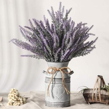 Imagem de Flores de lavanda artificial com vaso, planta de lavanda artificial em vaso de metal para balcão de cozinha, decoração rústica de casa de fazenda (coração, roxo)
