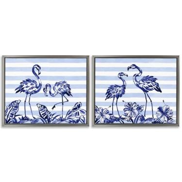 Imagem de Stupell Industries Conjunto de tela flutuante com moldura cinza, flamingos e listras, pincelada, design de Paul Brent, 63 x 78 cm