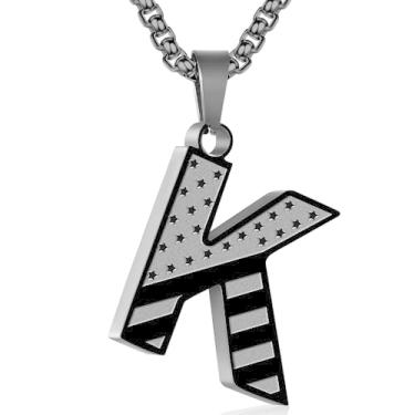 Imagem de Zocomi Colar com pingente de inicial da bandeira americana para homens e meninos, corrente de aço inoxidável 316L A-Z caixa de letras 50 + 5 cm joias presentes, Aço inoxidável, Sem Pedra Preciosa