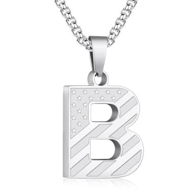 Imagem de Zocomi Colar com pingente de inicial da bandeira americana para homens e meninos, corrente de aço inoxidável 316L A-Z caixa de letras 50 + 5 cm joias presentes, Aço inoxidável, Sem Pedra Preciosa