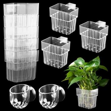 Imagem de Pacote com 8 suportes para plantas de aquário, tanque de peixes suspenso, vaso de plantas de acrílico transparente com ventosas para decoração de recursos de água (cor: transparente)
