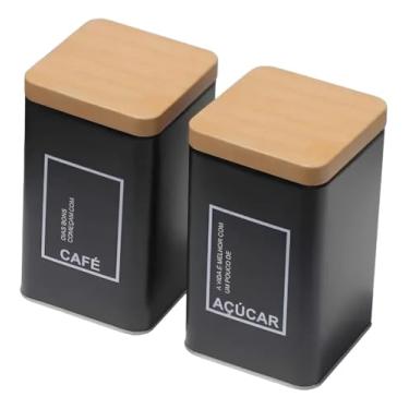 Imagem de Kit 2 Potes Café e Açúcar Conjunto Lata Alumínio Tampa Imita Madeira Porta Mantimentos