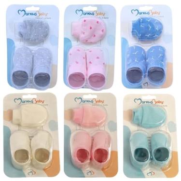 Imagem de 2 Kits de Luvas E Pantufas 8 Peças 100% Algodão Suedine Bebê Rn Enxoval Liso e Estampado Menino Menina Unissex (Menino)