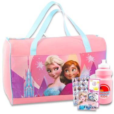 Imagem de Disney Bolsas de viagem Frozen para crianças - Pacote com bolsa de viagem Frozen, garrafa de água, pacote de brincar, adesivos e muito mais | Conjunto de bolsas congeladas para meninas