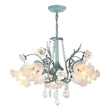 Imagem de Lustre de cristal Cerâmica Rosa K9 Lustre de cristal Vintage Vidro Flor Pingente Luz Antiga Fazenda Altura ajustável Luminária de teto para sala de jantar Sala de estar Quarto (Tamanho