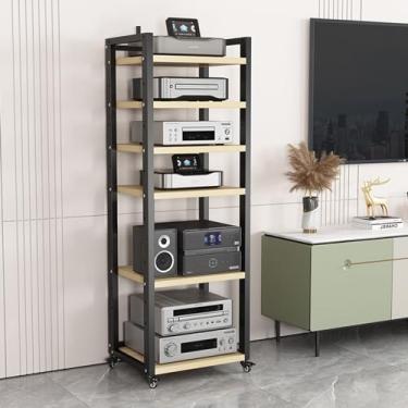 Imagem de Prateleira de canto com suporte de mídia AV de 6 níveis/armário com componente de vídeo com prateleira de madeira ajustável em altura, torre de som estéreo, rack de armazenamento aberto multifuncional