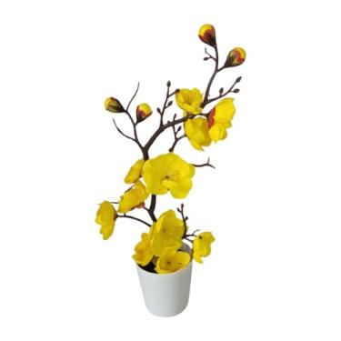 Imagem de BLWOTMOR Vaso de Flores Artificiais Simulado Flores de Ameixa Decoração Flores de Seda com Vaso Planta Artificial para Sala de Estar Cozinha Sala de Jantar Fes, Amarelo, Tamanho real