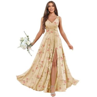 Imagem de Vestido de dama de honra CDSSL Champagne Floral com decote em V Chiffo