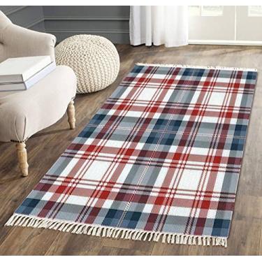 Imagem de Tapete de área com borlas vermelho branco azul tartã xadrez tecido escocês close-up tecido franja tapete de chão almofada pátio corredor tapete minimalista decoração de casa sala de estar quarto