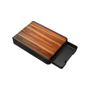 Imagem de Tábua De Corte Carne Madeira Teca Com Suporte E Gaveta Preto Churrasco Churrasqueira Multiuso Resistente