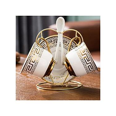 Imagem de Conjunto de chávenas de chá estilo europeu conjunto de chávenas de chá de porcelana conjunto de xícaras de café com pires colher e suporte de metal xícaras de cappuccino (ouro)