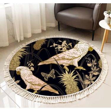 Imagem de Tapete redondo de franja sem costura preto dourado flores boho tapete de linho tecido à mão pátio corredor tapete decoração de casa sala de estar mesa de banheiro, 9 m