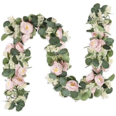 Imagem de MAKHOT 2 peças de guirlanda de eucalipto artificial rosa de 1,8 m com videira rosa falsa (rosa 2)